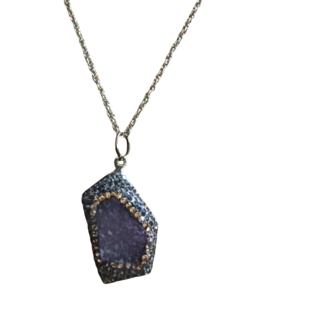 Purple Druzy Geode Pendant Necklace Silver Tone Rope Chain Boho Sparkling